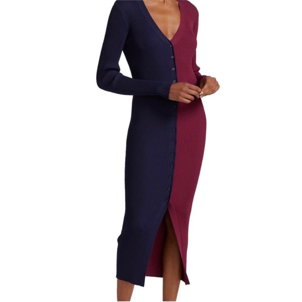 STAUD sweater midi dress. XS; navy and maroon
